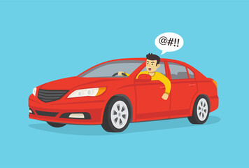 Yelling angry car driver. Flat vector illustration.