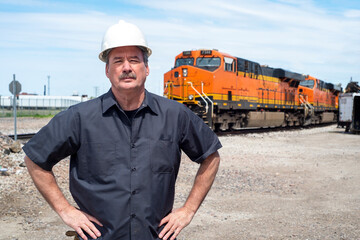 Male worker wearing hard hat standing in front of diesel train locomotive in train yard 