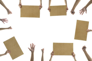 hand holding a blank placard to put the text at protesting with hands raised in the air. isolated...