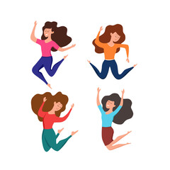 Happy young girls jumping in different poses vector illustration.