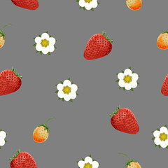 Background element. Pattern. The berries and the flower of strawberry. Gray background.