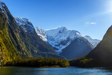 Panoramic View at Milford Sound Harbor, South Island, New Zealand; Morning Time Scenery