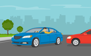 Angry car driver yelling to other driver. Flat vector illustration.