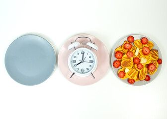 Intermittent fasting concept with empty colorful plates. Time to lose weight , eating control or...