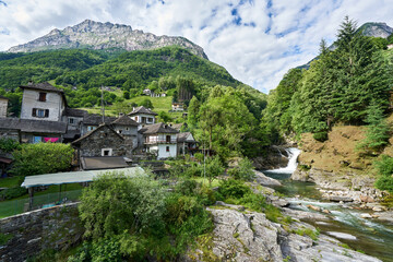 Fototapeta na wymiar Landscape panorama of Swiss village Lavertezzo, Verzasca Valley, canton of Ticino, Switzerland 