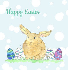 watercolor easter rabbit with eggs