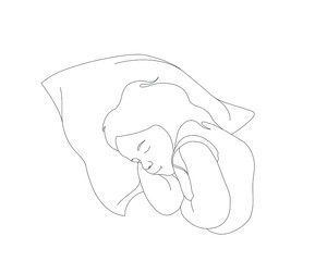 Cute little girl sleeping on a pillow. Cartoon  illustration doodle character sketch outline line hand illustrations, line art, concept hand drawing, flat. Children and family