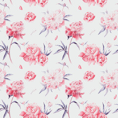 Summertime garden flowers Peonies watercolor seamless pattern. Beautiful hand drawn texture.