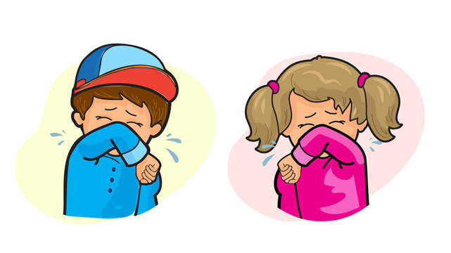 Little Girl And Boy Coughing Into Elbow Isolated On White Background, Social Distance, Example Of Sneezing, Virus Protection 2020, Public Sneeze, Concept Cartoon Cute Character, Flu, Cough Elbow Icon