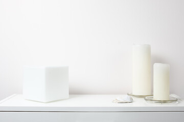 Creative desk with copy space. Empty mint wall. Minimalistic concept with different objects