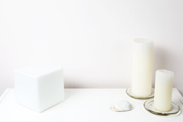 Creative desk with copy space. Empty mint wall. Minimalistic concept with different objects