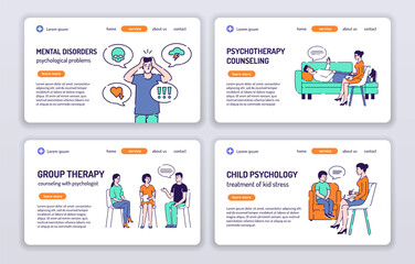 Obraz na płótnie Canvas Counseling with psychologist web banners set. Isolated cartoon characters on a white background. Concept for web page, presentation, smm, ad, site. Vector illustration. UX UI GUI design.