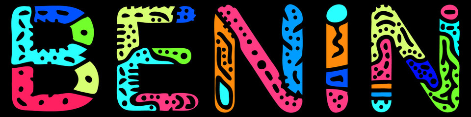 Benin. Multicolored bright contrast isolate inscription. Colored curves doodle letters. Benin for print on clothing, t-shirt, souvenir, booklet, banner, flyer, cards, satchel. Stock vector picture.