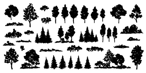 Trees sketch set. Hand drawn graphic forest. Vector illustration of different trees, shrubs and grass isolated on white background