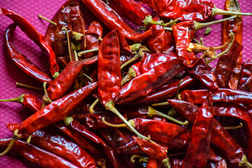 Top view of dried hot red chillies