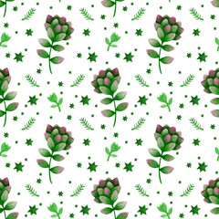 Watercolor succulents flowers seamless pattern on white background.