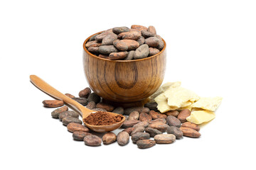 Raw cocoa beans in wooden bowl, cocoa butter and spoon with cocoa powder. Chocolate ingredients isolated on white background.