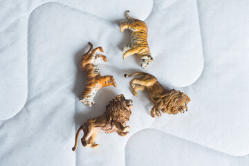 Beautiful miniature white and brown tigers & lions made of rubber or plastic. Perfect toys for children to play with. Blurred background. Top view