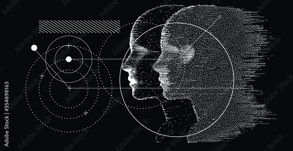 Poster Silhouette of a human head. Conceptual image of AI (artificial intelligence), VR (virtual reality), Deep Learning  and Face recognition systems. Cyberpunk style vector illustration.