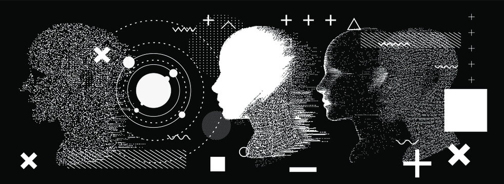 Silhouette of a human head. Conceptual image of AI (artificial intelligence), VR (virtual reality), Deep Learning  and Face recognition systems. Cyberpunk style vector illustration.