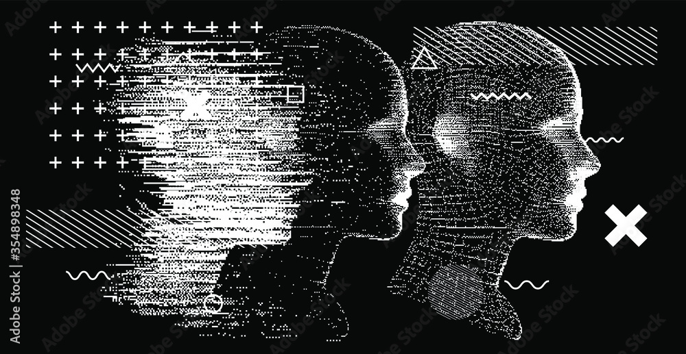 Aufkleber Silhouette of a human head. Conceptual image of AI (artificial intelligence), VR (virtual reality), Deep Learning  and Face recognition systems. Cyberpunk style vector illustration.