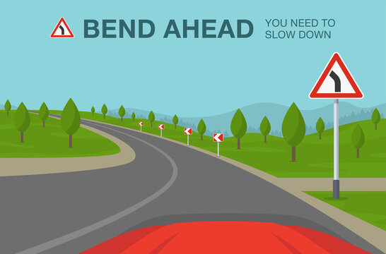 Driving A Car. Bend Ahead Warning Road Sign. Car Is Turning Left On Highway. Flat Vector Illustration.