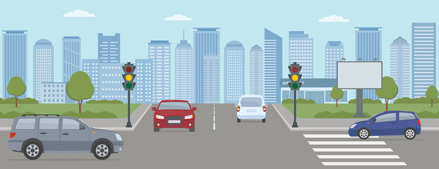 Crossroads with cars and traffic lights. Modern city life illustration.  Panoramic view. Flat style, vector illustration. © alazur