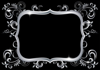 Silver shiny glowing ornate frame isolated over black
