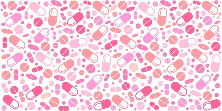 Medicine seamless pattern.  Pink tablets with capsules.  Image for pharmaceutical industry. Medicine vintage pattern. Natural vitamin pills. Alternative medicine. Illustration