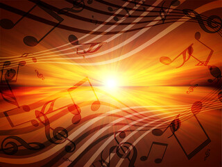 Glowing sunset with musical notes