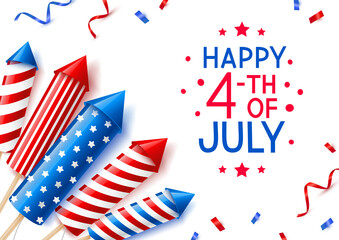 Independence day greeting card with firework rockets on white background