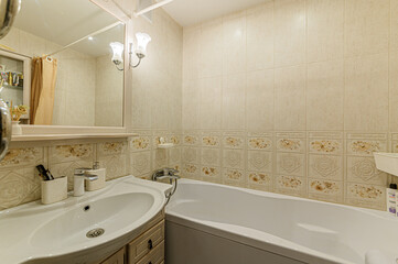 Russia, Moscow- January 27, 2020: interior room apartment modern bright cozy atmosphere. general cleaning, bathroom, sink, decoration elements, toilet