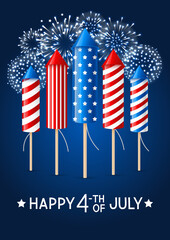 Independence day greeting card with firework rockets on blue night sky background