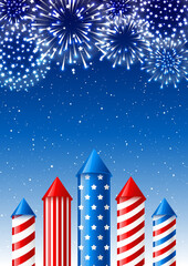 Fototapeta premium Independence day greeting card with firework rockets on night starry sky background