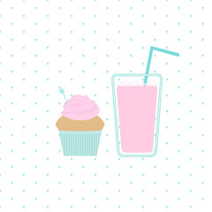 Cupcake and a strawberry milkshake on a polka dot background
