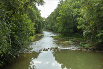 Fototapeta na wymiar On a bridge over looking river flowing over rocks between thick green trees