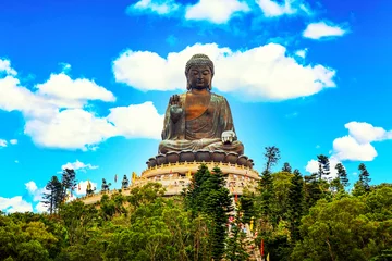 Fotobehang Boeddha The big Tian Tan Buddha at Po Lin Monastery in Hong Kong during summer sunny day.  © Nikolay N. Antonov