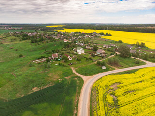Field of blooming rapeseed top view from a drone. Summer landscape. Background. Pattern.