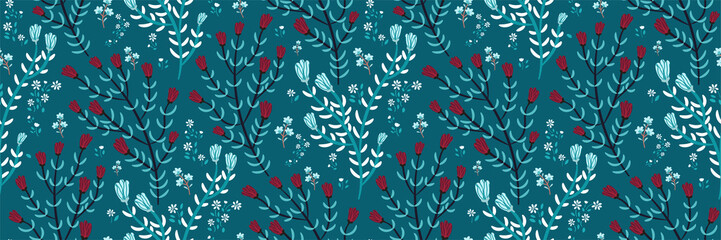 Elegant seamless pattern with hand drawn maroon, light blue flowers on a turquoise background. Mystical floral print in a trendy color palette.  Modern Botanical design. Vector illustration.