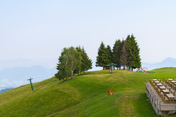 View of a green mountain with a colorful playground