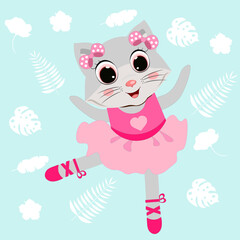 Cute cartoon cat little ballerina vector illustration. Children print
