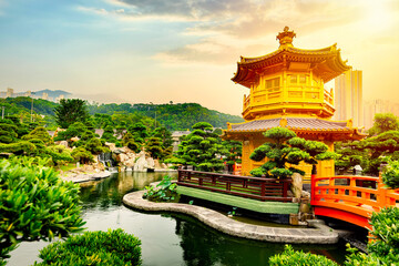 Chi Lin Nunnery of Nan Lian Garden situated at Diamond hill, Hong Kong, China during sunset