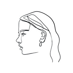Minimal line vector woman. Linear glamour portrait woman. Portrait profile of girl. Linear glamour logo in minimal style for beauty salon, beautician, makeup artist, stylist. Hand drawn art.