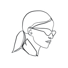 Stylish one continuous line woman in sunglasses. Fashionable typography girl in minimalist style. Beauty sign. Attractive fashion model. Summer fashion.