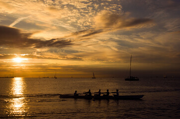 Fototapeta na wymiar Sports team rowing in a canoe at sunset