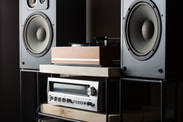 HiFi system with turntable, amplifier and speakers in a studio - obrazy, fototapety, plakaty