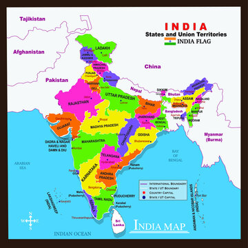 India Map detailed illustration , Asia with all states and country boundary