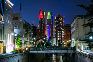 東京都庁 夜景 七色のライトアップ 神田川、中ノ橋から（中野区）