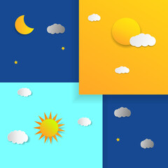 Clock with day night concept clock face vector illustration. Blue sky with clouds and sun. Moon and stars in the night