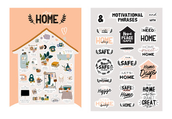 Stay home illusrtation and lettering with Coronavirus messages. Protect from Covid-19 epidemic. Self-isolation and quarantine phrases for social media, banners, web, stickers, tags